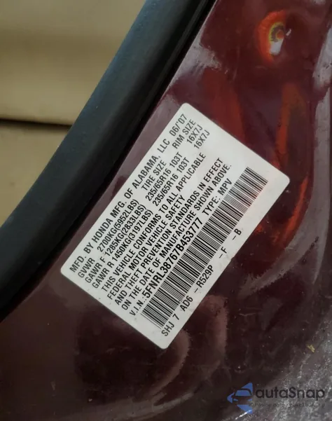 2007 Honda Odyssey Exl from USA, damaged, VIN 5FNRL38767B453777